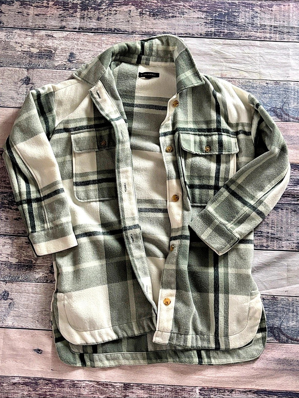 Banana Republic Plaid Flannel Shirt Jacket Green & White
